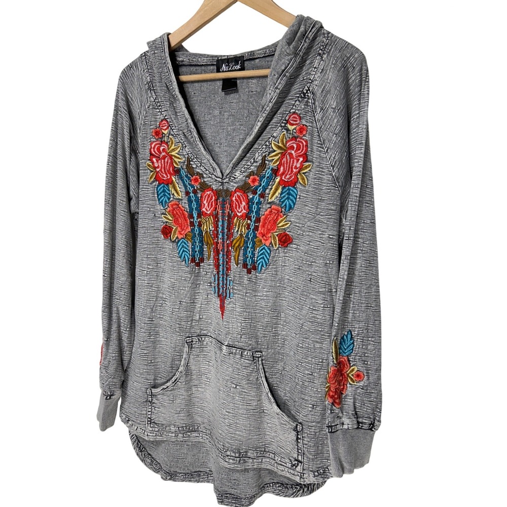 Nu Look Space‎ Dye Floral Embroidered Lightweight V-Neck Hoodie Size Medium Boho